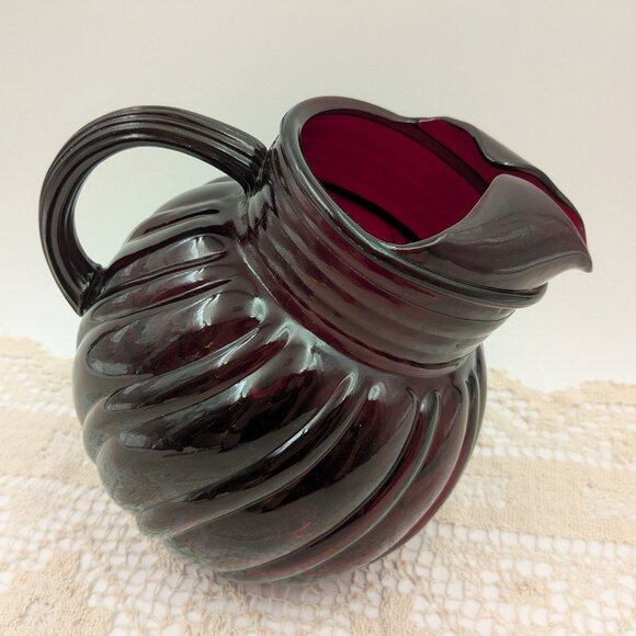 Vintage Anchor Hocking "Royal Ruby"  Red Tilt Ball Swirl Pitcher - 64 fl. oz. - Picture 1 of 7